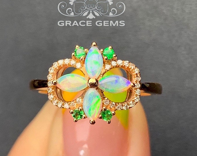 Blossom Genuine Marquise Australian Opal Ring with rainbow flash in 18k Rose Gold with Diamonds& Emeralds/ Engagement Wedding Elvish Ring