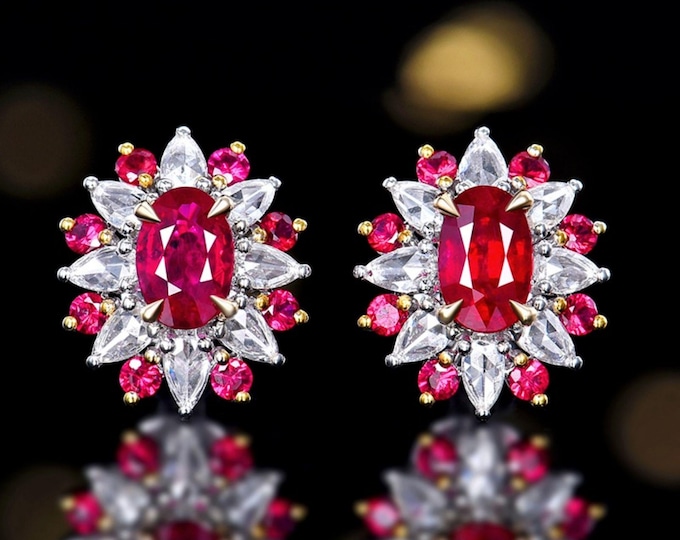 Luxurious Vintage natural Ruby studs in 18k white gold/Real Ruby earrings/Unique ruby Wedding ruby with diamonds halo/Handmade custom ruby