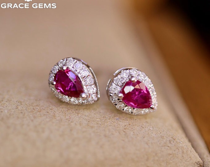 18k gold natural ruby earrings with diamonds/Certified natural ruby studs/Handmade Victorian Gothic ruby dangler/Unique vintage gift for her