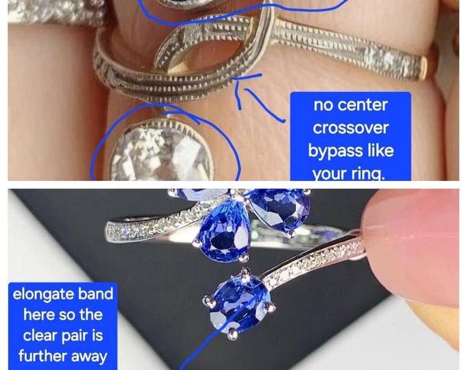 Custom flower ring in 14k white gold with a three-petal bypass design, featuring a white sapphire band and a diamond center.