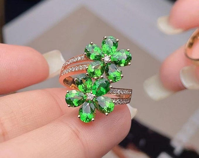 18k Rose Gold Natural Green Garnet ring with Diamonds/Double flowers Engagement Wedding Tsavorite ring/Green Garnet stone/Art Deco Boho Halo