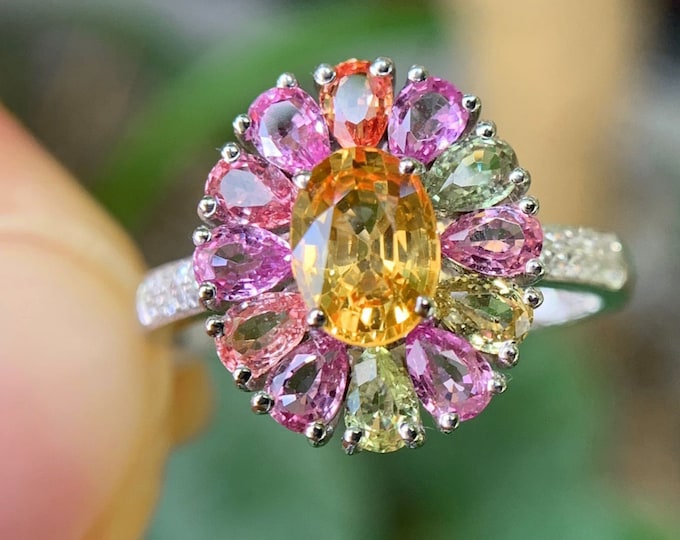 Natural Multi-stone yellow Sapphire Ring in 18k white Gold &Diamond/Multi color sapphire ring/Vintage sapphire ring/Art Deco sapphire ring