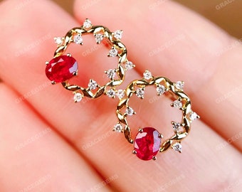 18k Gold Mozambique Ruby Earrings: Diamond Accent, Art Deco Design/,high end gift,everyday luxury,custom fine ruby,ethically sourced ruby
