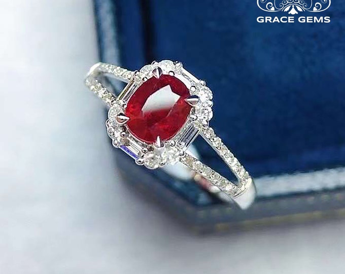 18K white Gold ruby ring/Diamond halo split band/Edward Mediterranean Vintage Handmade ring for women/14k gold bombe ring/promise specialty