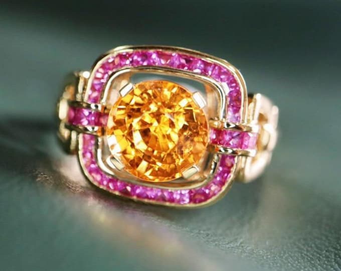 18k Gold Vintage Natural Fanta ring/Handmade orange garnet Engagement ring with pink sapphire/Unique fanta ring for her/Nature-inspired ring