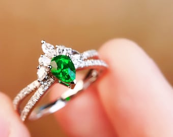 18k Solid Gold Emerald Engagement Ring: Pear Cut Diamond Half Eternity/Natural emerald, heirloom emerald,custom emerald,emerald solitaire