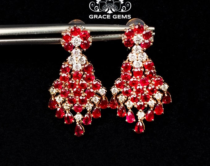 Luxurious Vintage natural Ruby Engagement earings in 18k/14k rose gold/Star Ruby earrings/ Raw ruby earrings/Wedding ruby with diamonds