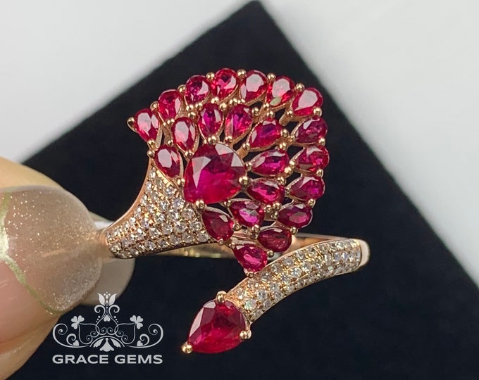 Diamond ruby ring in 18k rose gold/Halo Band/Promise wedding ring/Victoria Celtic Boho/handmade jewelry for women/bridal bridesmaid gift