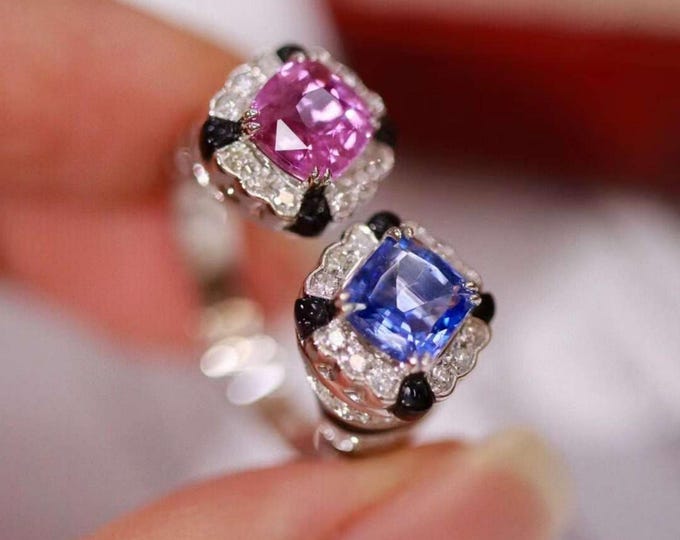 Natural Padparadscha sapphire engagement ring/two tone sapphire ring with diamonds/Blue sapphire ring/Vintage Antique/Art Deco anniversary