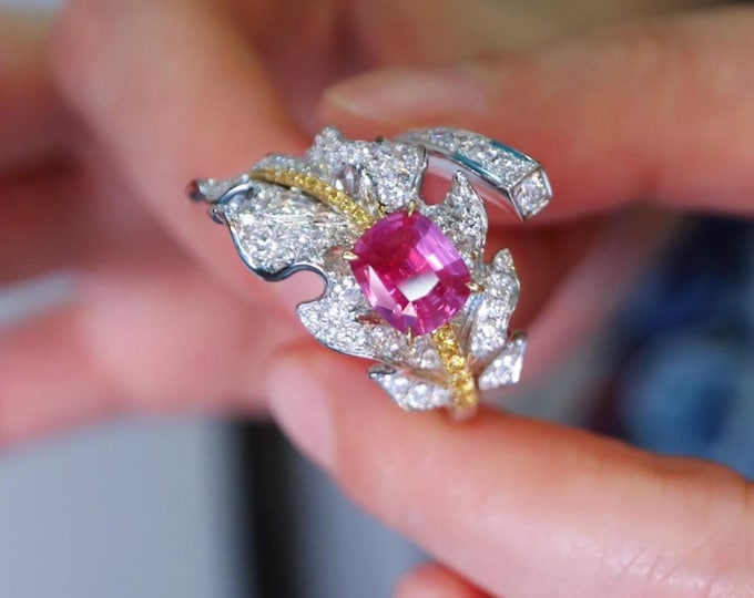 Natural Padparadscha Pink Sapphire Leaf Ring, Diamond Paved 18K White Gold Ring with Yellow Diamonds, Unique Handmade Gemstone Ring Luxury