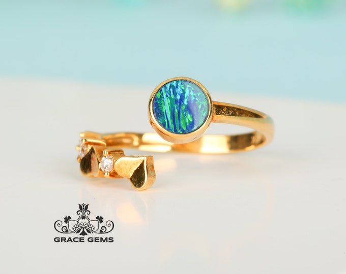 Unique Natural Australian Black Blue Opa Engagementl Ring in Solid 18k/14k Rose Gold/Fire Opal ring/Boulder Opal Engagement Wedding Band/Raw