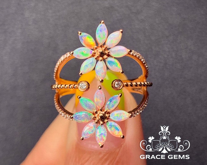 Unique Double Flower Cluster Marquise Genuine Opal Engagement  Ring in 18k/14k Rose Gold with Diamond/Mexican Fire Opal/Boulder Opal Wedding