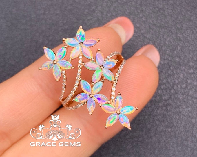 Unique Five Flowers Cluster Marquise Natural Certified Australian Opal Ring/18k/14k rose Gold &Diamonds/Boulder Opal Engagement Wedding ring