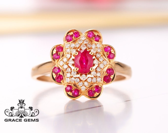 Flower Shape Vintage natural Ruby Engagement Ring/Raw ruby Ring/18k rose gold ruby ring/Star Ruby Ring/Multi-stone diamond ring/New Mom ring