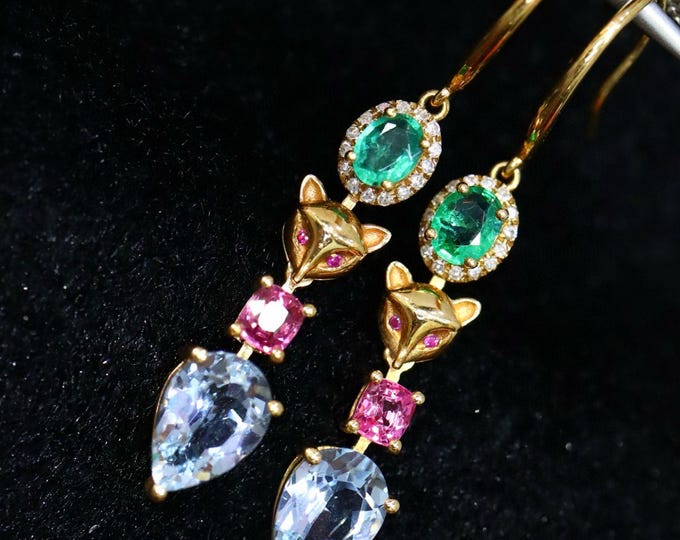 Unique fox aquamarine earrings with emeralds and spinels/18k solid gold fox aquamarine dangles/fancy unique aquamarine jewelry birthday gift