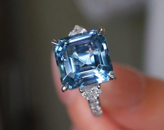 Asscher natural Santa Maria ring in 18k white gold/Diamond halo real aquamarine ring for her/Women aquamarine birthstone engagement ring