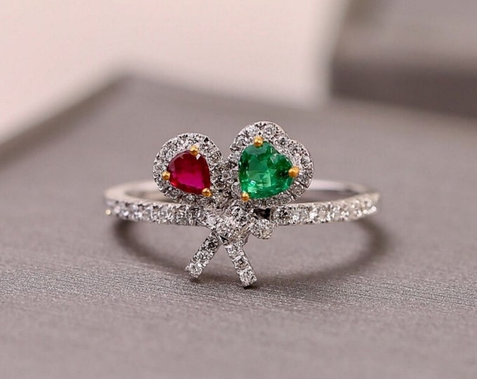 18k white gold ruby and emerald ring/Double Stone ring/Ruby engagement ring/Emerald engagement ring/Couple ring/Custom birthstone ring
