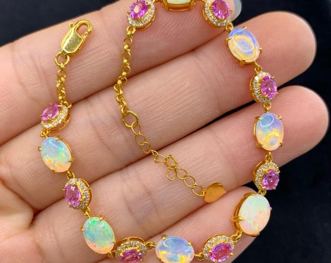 Natural Australian Opal Bracelet with Pink Sapphires in 18K Yellow Gold, Diamond Accent, Handmade Fine Jewelry, Opal Gemstone Bracelet