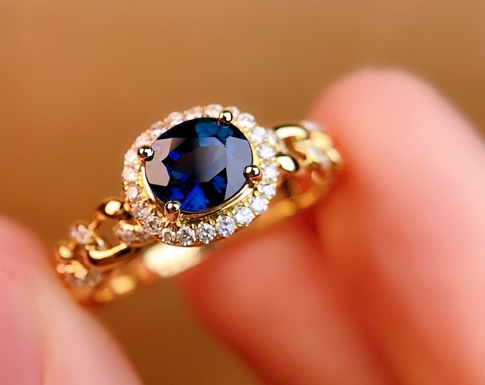 Unique 18k/14k solid yellow gold natural untreated royal blue thin sapphire ring/Victoria Vintage Diamond engagement over time sapphire ring