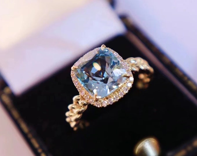 8.2*9.2mm 3CT Custom 18k white gold or platinum Natural Quality Aquamarine ring with high quality diamonds/Engagement Wedding ring/Bridal