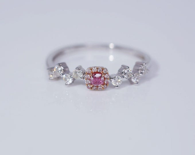 18k white gold natural pink diamond ring/Earthly genuine untreated pink diamond ring with pink diamond halo/Diamond paved band pink diamond