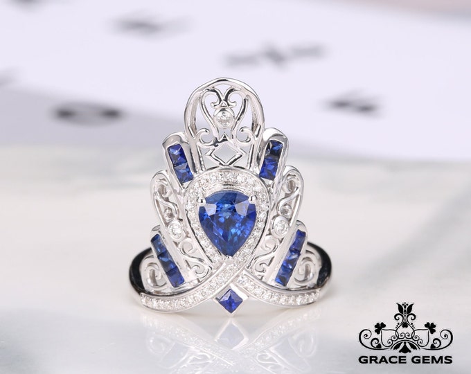 Crown 18k/14k white gold natural pear sapphire engagement ring with diamonds/Royal Blue Sapphire/Vintage Antique/Art Deco/Celtic Unique
