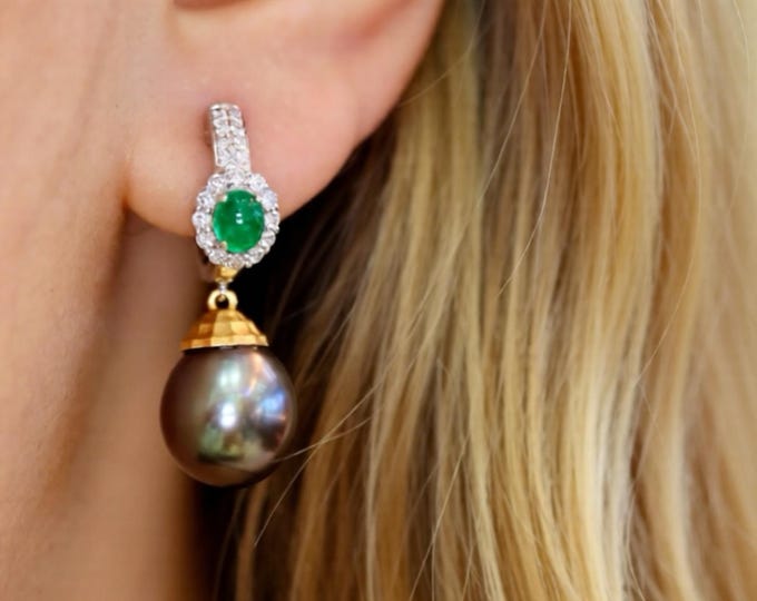 18k Gold Tahitian Black Saltwater Pearl Earrings: Emerald and black pearl Diamond Dangles/Unique handmade fine jewelry/custom art deco fine