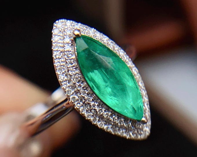 Luxury Statement Green Emerald Ring 18k white gold, Art deco Vintage style marquise cut emerald diamond ring for women