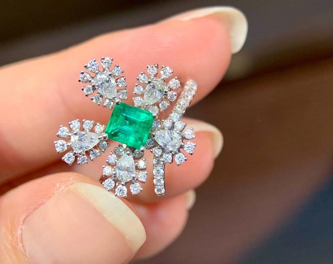 Floral 18k gold Diamond Cluster Ring: Natural Colombia Green Emerald Wedding Ring solid gold emerald engagement ring, custom may birthstone