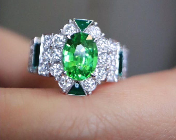 Natural Tsavorite Garnet Ring, Green Enamel 18K White Gold Ring, Earth Mined Diamond Luxury Engagement Ring, Unique Handmade Proposal Ring