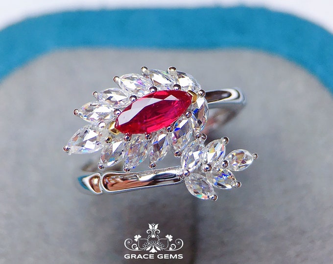 Cocktail Marquise ruby ring/18k White Gold ruby ring/diamond white sapphires ring/Handmade ring for women/Fine celestial jewelry/deep red