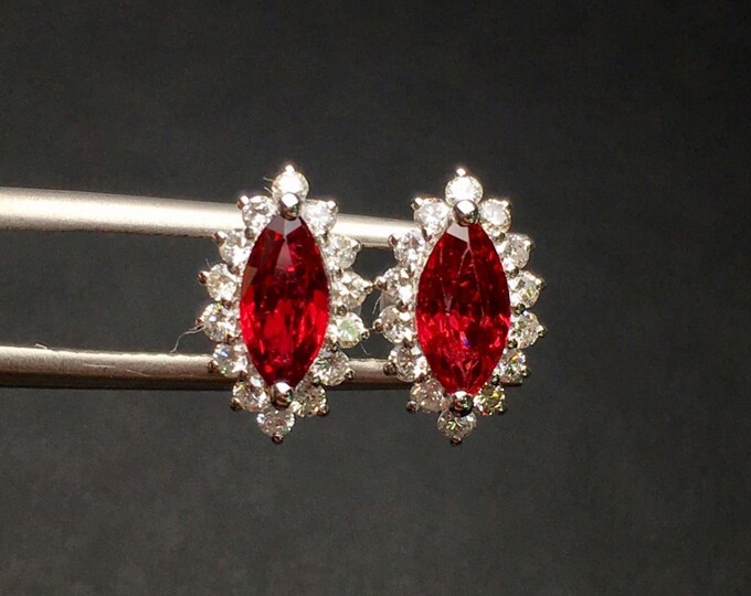 18k rose gold natural marquise ruby earrings with diamonds/Certified natural ruby studs/Handmade Cabochon ruby studs/one of a kind vintage