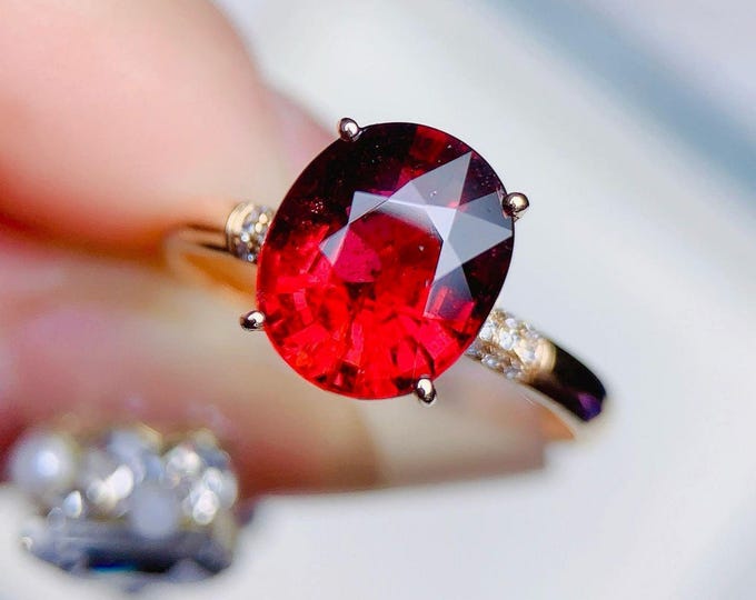 Natural Red Tourmaline Ring in 18k rose gold with diamonds/Engagement Wedding Handmade One of a kind/Art Deco fine jewelry anniversary gift