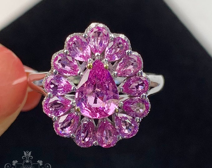 Genuine multi-stone Padparadscha sapphire engagement ring in 18k14k gold with diamonds/Blue gemstone/Vintage Antique/Art Deco/Celtic Dainty
