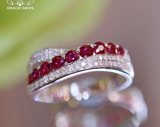 18k white gold ruby engagement ring/Natural ruby paved band/real Diamond ruby band/Ruby staking band/Unique ruby ring antique/eternity ruby