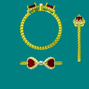 May include: Two gold rings with red and white gemstones. One ring has a bow shape with two heart-shaped red gemstones and a pearl in the center. The other ring has a round shape with three red gemstones.