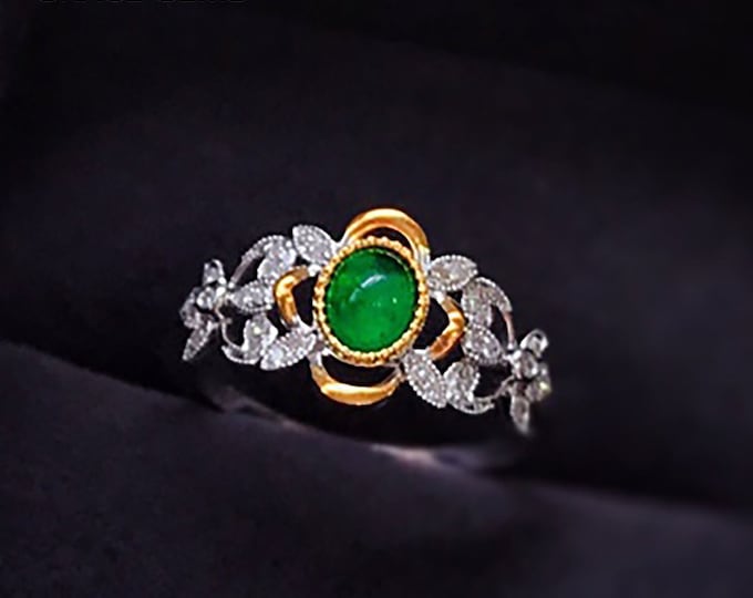 18K Natural Emerald Engagement Wedding Ring in solid 18k rose gold with diamonds/Vintage Celtic promise Anniversary Gift/Halo Half Eternity