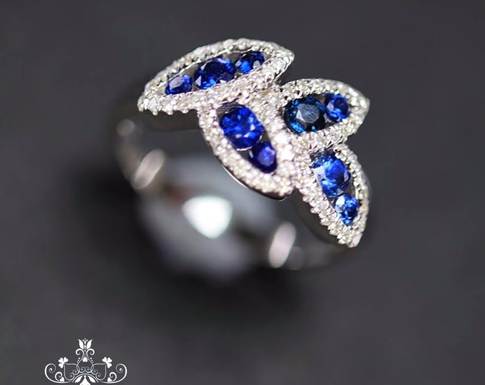 Cluster 18k white gold twig sapphire ring/Multi-stone Genuine sapphire engagement ring in diamond/Blue stone/Vintage Antique/Art Deco/Unique