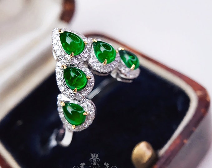 Unique V shape Multi-stone Genuine Cluster Emerald Engagement Wedding Ring in 18k14k gold with diamonds/Vintage Celtic promise gift for her