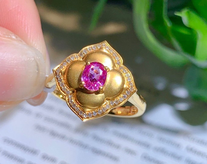 18k solid gold genuine pink sapphire ring and diamond/Natural Padparadscha engagement ring/Pink sapphire ring/Unique vintage saphire ring