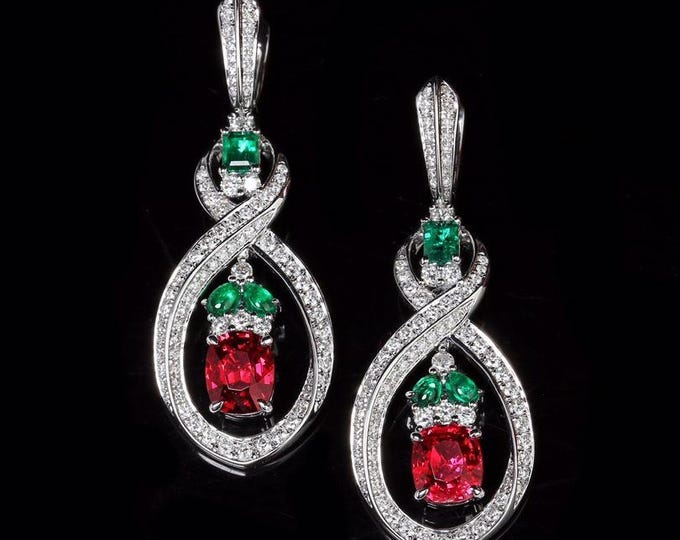 Luxury Pink Spinel & Emerald  Earrings in 18K White Gold/Natural Gemstone Drop Earrings • Diamond Halo Statement Earrings/Fine Jewelry Gift