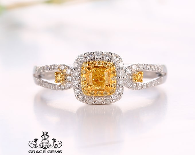 Halo Cushion cut 18k gold natural yellow diamond engagement wedding ring/diamond made/Promised ring one of a kind/Art Deco/Unique Promise