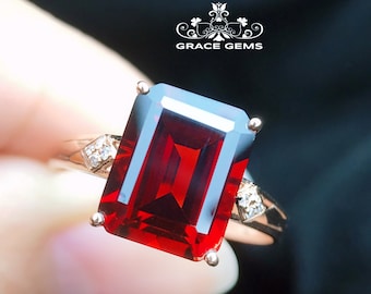 18k/14k rose gold garnet engagement wedding ring/cocktail ring/Rectangle emerald cut/Garnet stacking/Bohemian Garnet/Pigeon Blood Red Stone