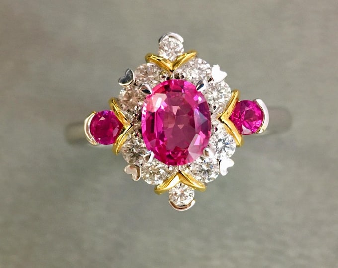 Unique natural pink sapphire engagement ring in 18k gold/Victoria handmade custom ring with high end pink sapphire and earth mine diamonds