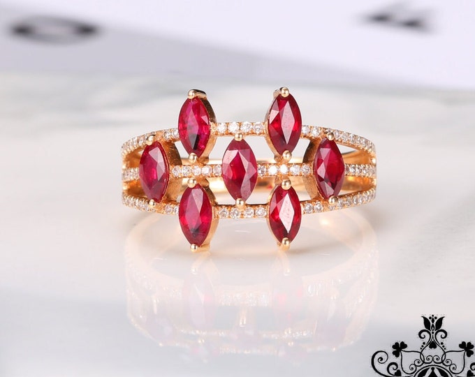 Multi-stone Pigeon blood Red Ruby Engagement Ring in 18k rose gold&diamond/Star Ruby Anniversary Full Eternity Celtic Ruby Ring/New Mom ring