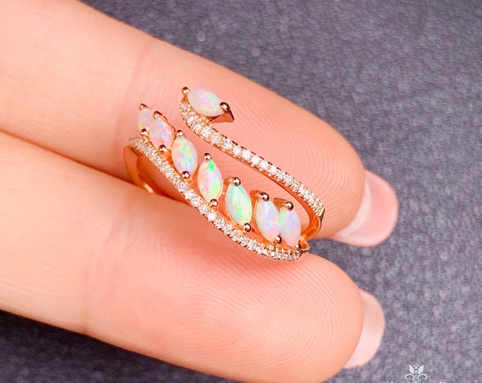 Cluster Swan Shape Natural Australian Opal Ring in 18k rose Gold & Rube Eye/Fire Opal Bird ring/Boulder Opal/Opal Engagement ring/Fire Opal