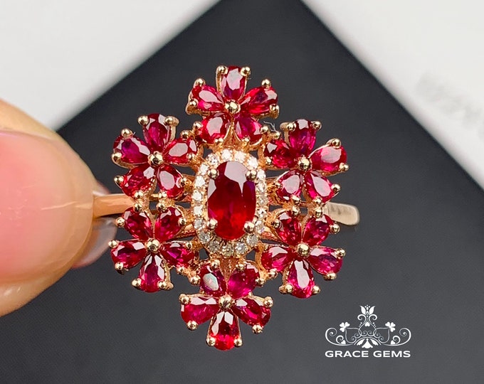 18k rose gold real ruby engagement ring pendant/Pigeon blood natural ruby ring antique/Unique ruby proposal ring for women/Diamond halo ring