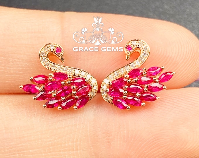 Swan shape natural ruby studs in 18k rose gold/Genuine diamond ruby/Bohemian Indian Gem/Raw Ruby Solitaire/Victorian Gothic Ruby earrings