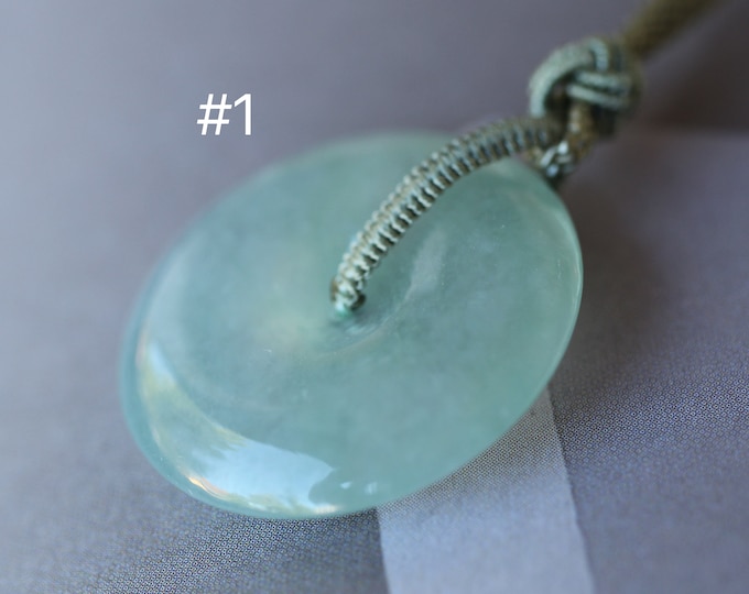 Natural Myanmar Burmese Icy Green Jadeite Jade Donut Pendant with Hand knitting Rope/Real Jade Cabochons/Genuine jade jewelry/Type AJade