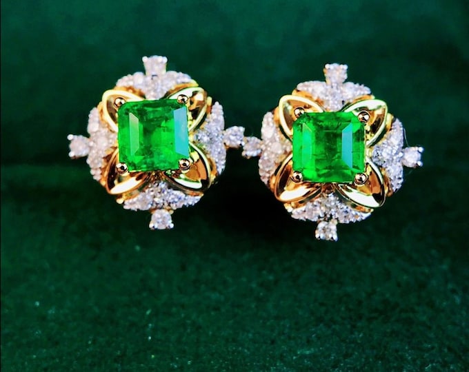 18k natural Zambia emerald stud earrings/Art Deco emerald studs with diamonds/Victorian Gothic earrings/handmade Unique Birthday Anniversary